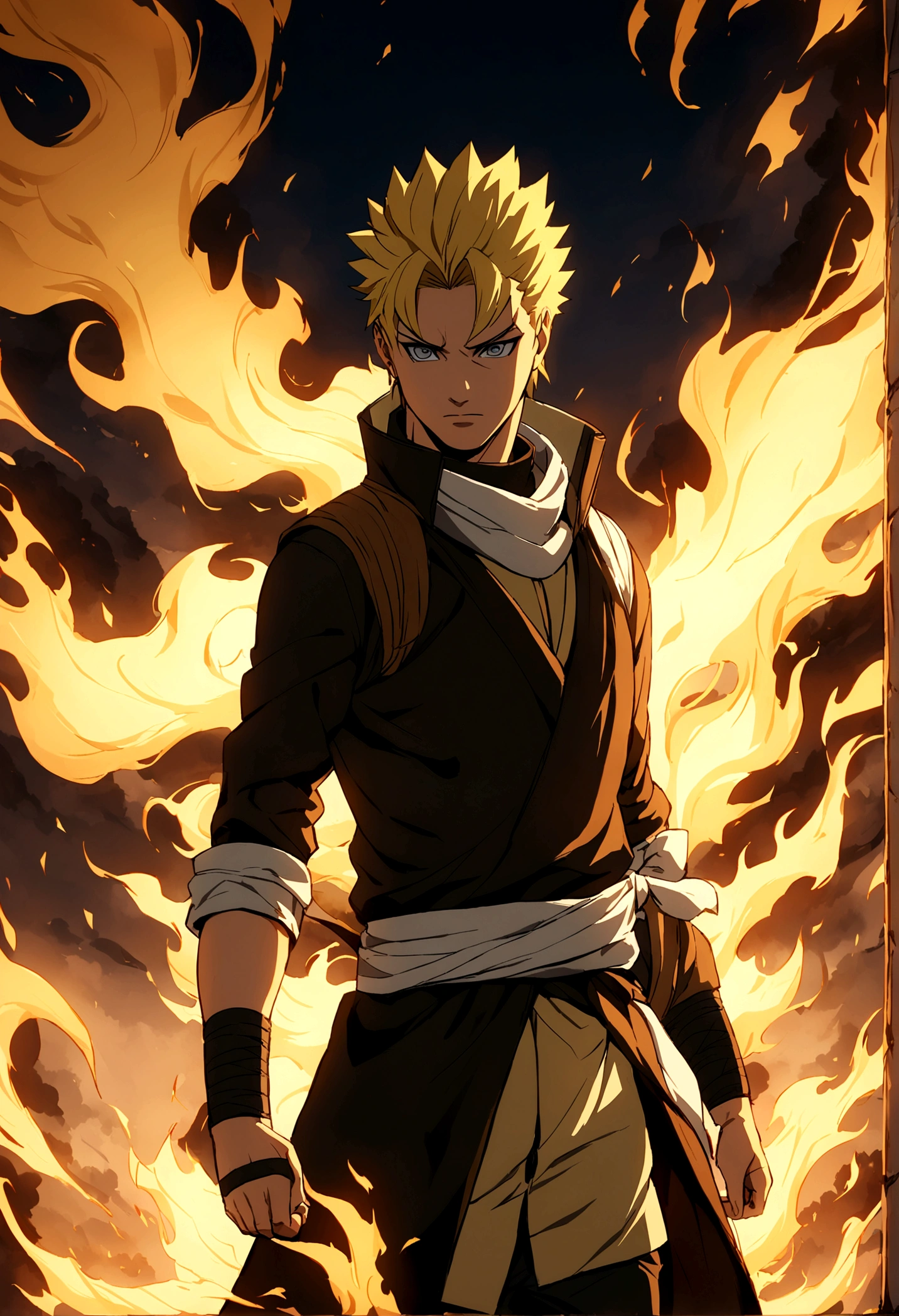 An anime fighter, assasin outfit, fire around him, short high fade hair, blonde hair, naruto anime style