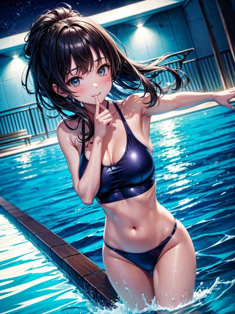 Highest quality,Highest Resolution,A woman in a swimsuit happily swimming in the pool at night,Less exposure,