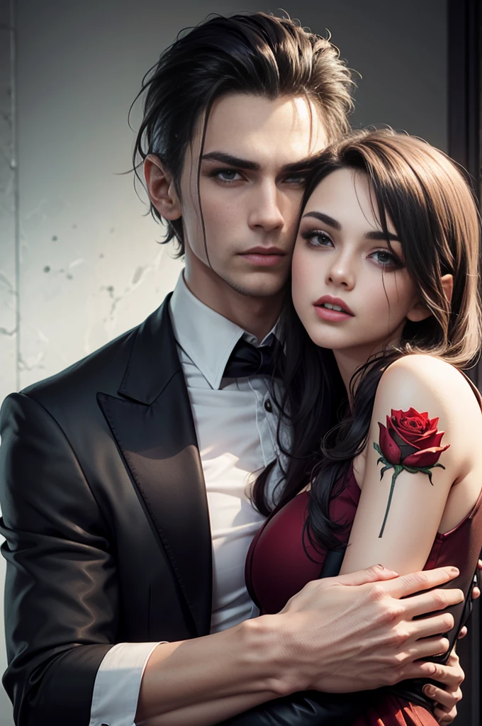 A male vampire with white slicked back medium hair. He has red eyes and a rose tattoo on his neck. He has a commanding looking expression. He is covering a woman's eyes as he is about to bite their neck from behind.