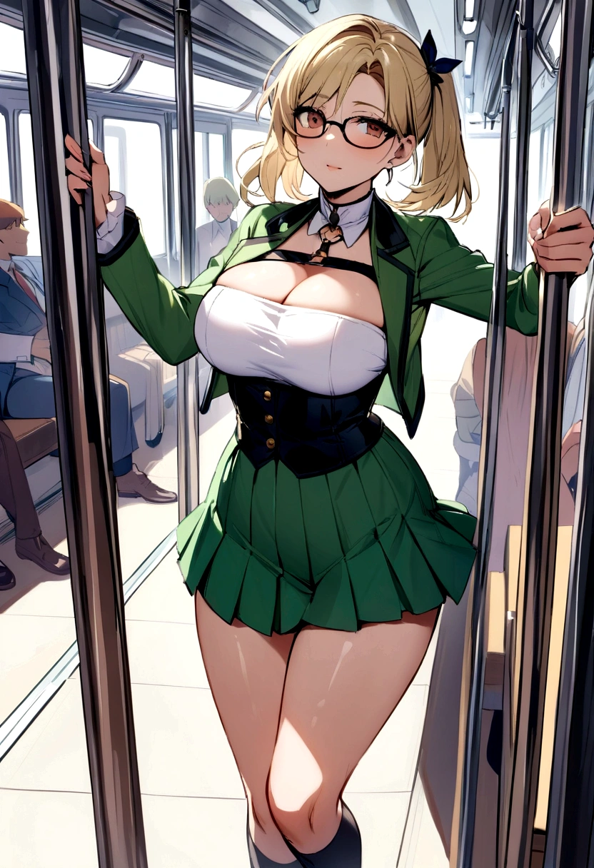 Masterpiece, Top quality, high resolution，
1womanl, a matural female:1.5, (Medium hair, blond hairbl), pony tails, Beautiful face, beautiful detailed brown eyes, 
Beautiful body, ?????????????:0.7, beautiful , beautiful thigh,
pleatedskirt, miniskirt
Nice half-breed girl，Crowded carriages，People crowd people，People huddled together，The person behind him grabbed the hem of the skirt with one hand，The train is crowded，The man behind him grabbed the hem of the skirt，Bandeau，Reveal a little，Wearing glasses