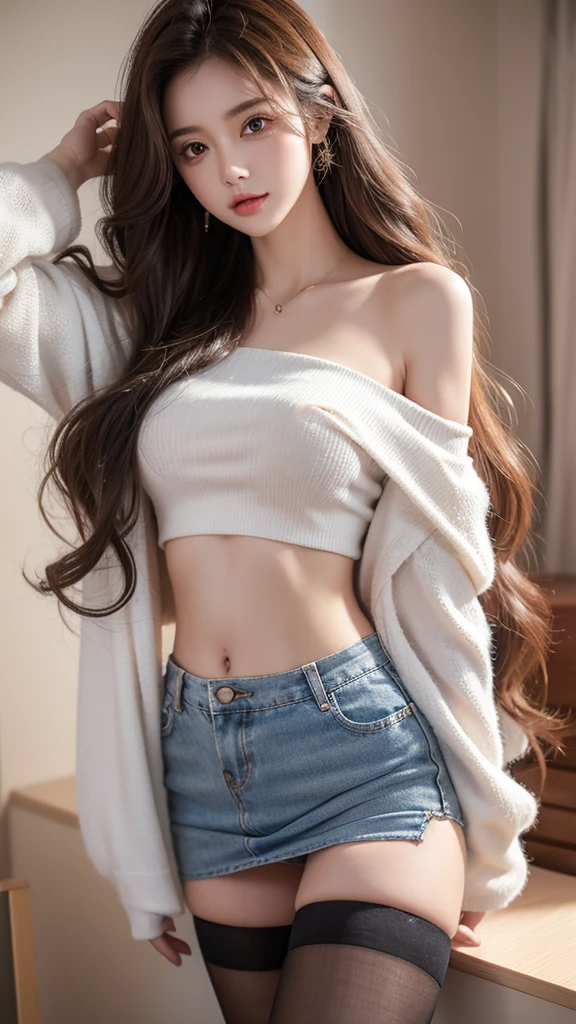 1girl,fair_skin,glamor,long hair,wavy hair,medium breasts,navel,off-shoulder_shirt,miniskirt,thighhighs,upper_body,