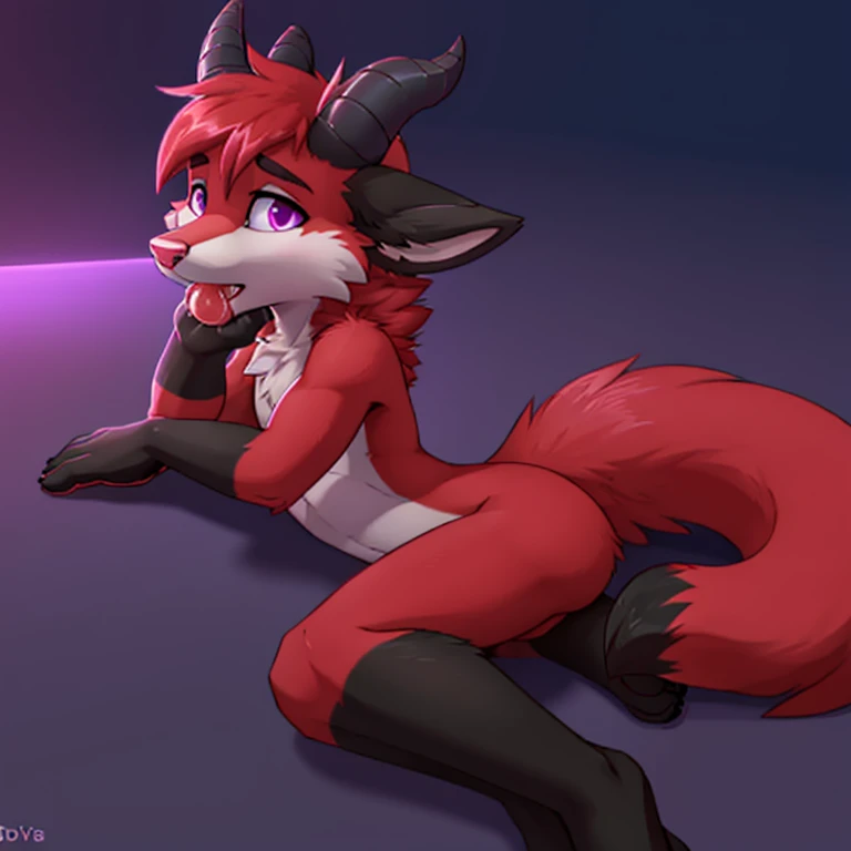 Anthropomorphic male crimson fox, with purple eyes, horns, pink nose, black ears, legs rised, autofellation, sucking his own penis, penis on mouth, lying on ground, lost look, solo, digital art, solid color background, erect penis, full body, thin body, uploaded from e6, furry artwork, on heat
