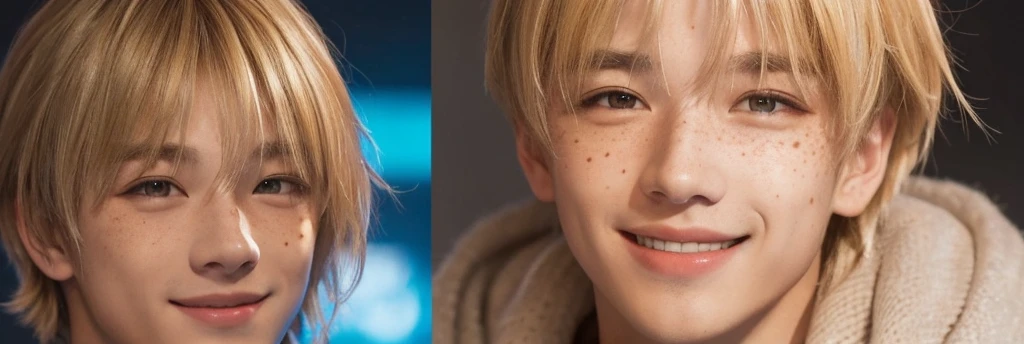 masterpiece,best quality,real,masterpiece,Felix_\(Stray Kids\), 1 boy ,(blonde hair,streaked hair:0.8),neon lamp,smile,(blunt bangs,hair between eyes:0.6,freckle)