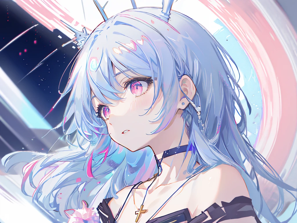 8k wallpaper,tmasterpiece,cinmatic lighting,top Quority,illustratio,Dramatic angles,((a color:1.1)),((Colored inner hair:1.4)),
1girll, solo, long blue hair, SakuraNS, Pink eyes, Cross necklace, parted lip, a white choker, liquid hair, Light blue hair, By bangs, By bangs, From the side Side, contours, The upper part of the body, blue hairs, simple backgound, pink back ground, exposed bare shoulders, sportrait, looking at viewert, white dresses, hairsbetweeneyes, colorfulhair, Galaxy Background, Nebula, 耳Nipple Ring,jewely, majestic space creature