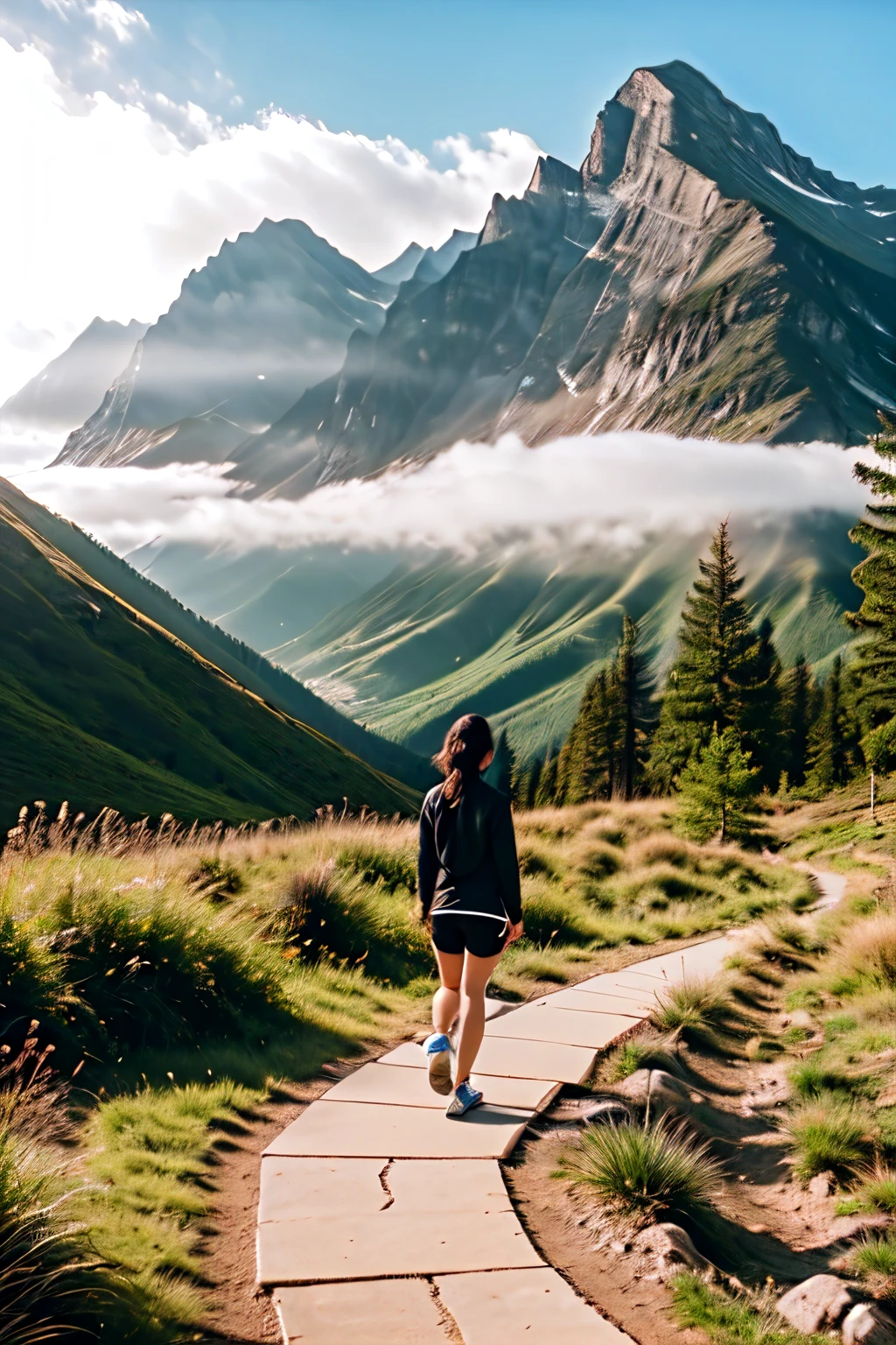 "A person meditating, with a beautiful path leading towards a distant mountain peak, symbolizing their goal."