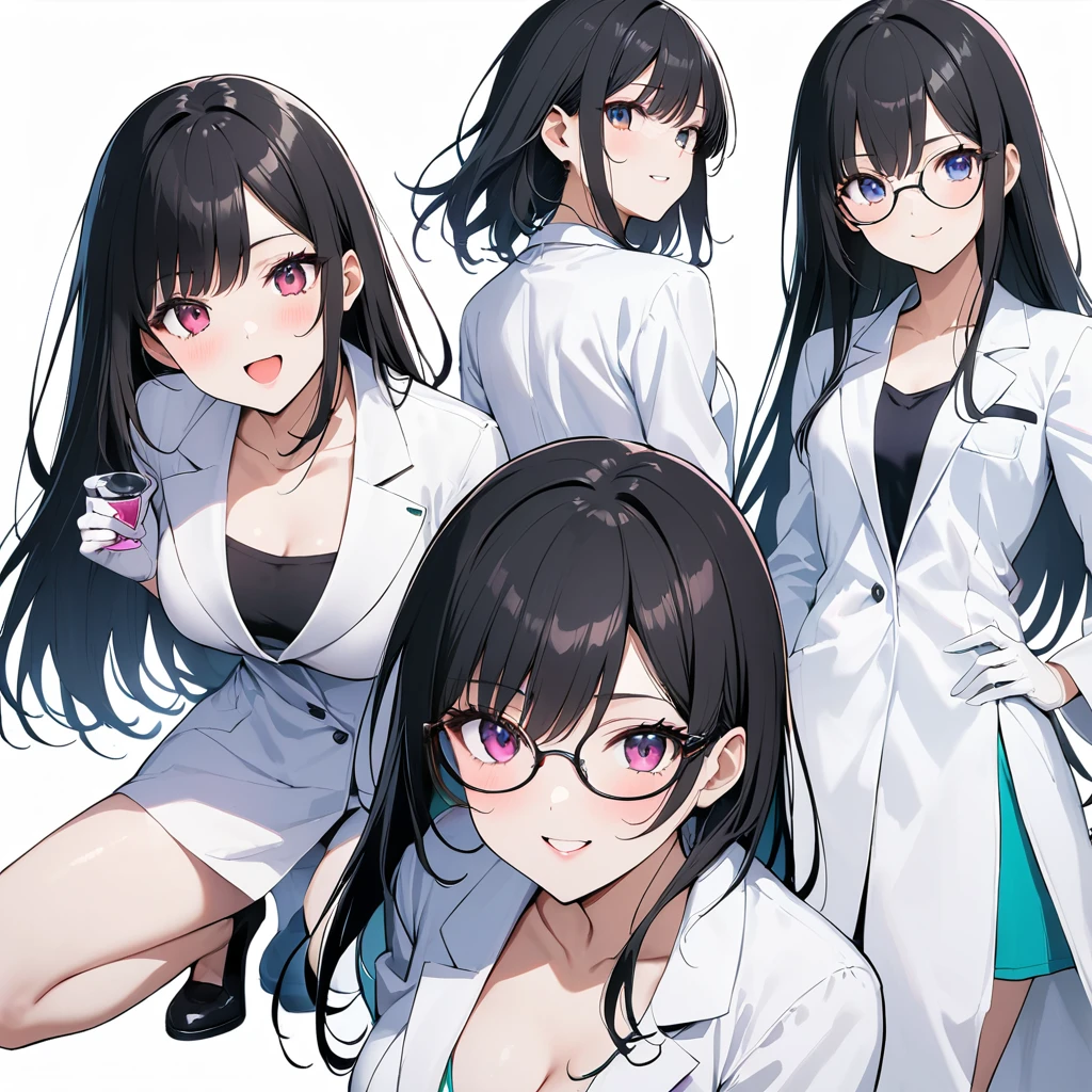 16k works,Highest quality,18-year-old,No background.White background only,whole body、Kneel,Dynamic and sexy pose, One person, Beautiful Face,, Symmetrical eyes, Perfect body, Good balance、 Perfect body、Intelligent woman、Black Hair、White skin、Pink Lips、Wearing a researcher's lab coat、Round rimmed glasses、White rubber gloves、Test tube、beaker、microscope、flask、Glancing sideways at the viewer、smile、Open your lips