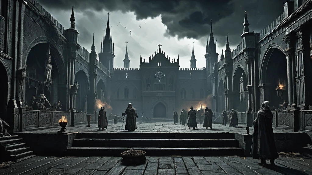 In a grim, medieval dark fantasy world, visualize a scene of stark contrast and harrowing detail: a bustling slave market set against the backdrop of a decaying fortress. The sky overhead is heavy with storm clouds, casting an oppressive gloom over the marketplace below.
At the center of the scene, a raised wooden platform stands where slaves are auctioned. Bound in heavy chains, figures of various races and ages, their faces etched with despair and defiance, are presented to a crowd of eager buyers. The slaves' ragged clothing and gaunt frames speak of their suffering, while their eyes tell stories of hope long extinguished.
The buyers, cloaked in shadow and malice, range from wealthy merchants in opulent garb to sinister figures in dark, tattered robes. Their expressions are a mixture of greed, indifference, and sadistic pleasure. The air is thick with the scent of fear and the murmur of transactions, punctuated by the occasional crack of a whip wielded by a cruel overseer.
Surrounding the platform, the remnants of the once-grand fortress loom ominously. Its crumbling walls and gothic spires hint at a past steeped in both grandeur and tragedy, now a mere backdrop to the cruelty unfolding in its shadow.
In this image, capture the stark, brutal reality of slavery within a medieval dark fantasy world, where hope is a scarce commodity and darkness pervades every corner of life. Highlight the contrast between the grandeur of the setting and the misery of those trapped within it, creating a powerful visual narrative that speaks to the harshness and complexity of this world."
This prompt should provide a detailed and evocative description to guide the AI in generating an image that captures the dark and grim essence of medieval fantasy slavery.