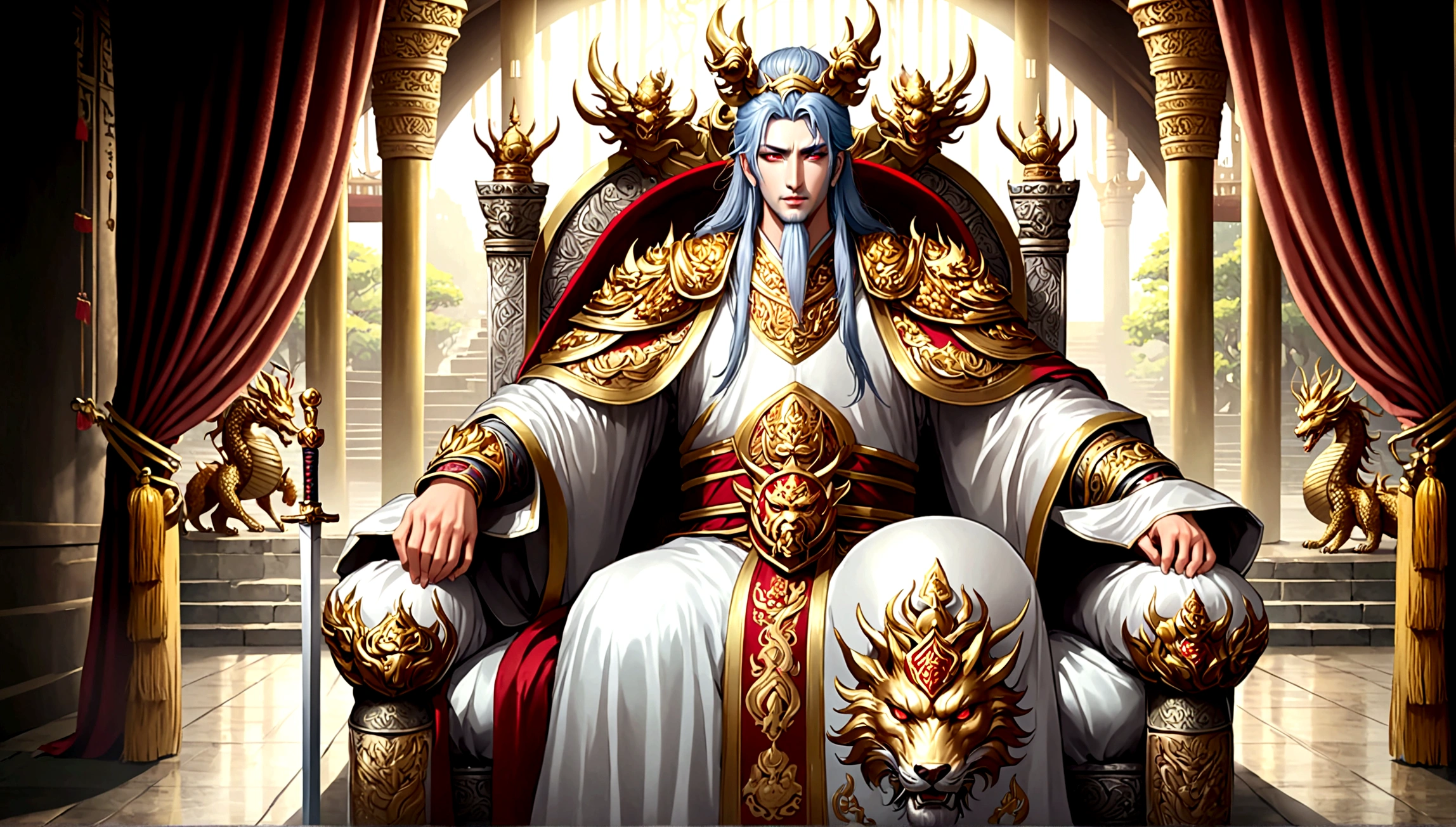1 An old emperor named John,Tall, Square face.Silver long hair,Wearing a golden crown, Thick eyebrows,Long white beard.,Pale complexion, Wearing a gorgeous golden robe,Embroidered with dragon pattern.;1 A young general named Ken,Burly figure,Long face, Blonde short hair,Thick eyebrows,Short whiskers,Healthy bronze,Wearing a red armor,Symbol with sun,There is a golden sword on the waist; John is sitting majestically on a glittering throne。Ken stands in front of the throne,Looks like he's protecting the man sitting on the throne,There was an air of respect and loyalty between the two.。
