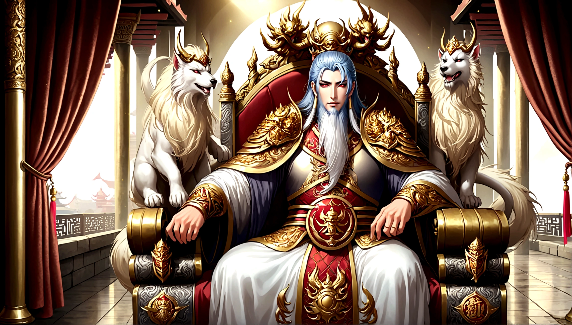 1 An old emperor named John,Tall, Square face.Silver long hair，Wearing a golden crown, Thick eyebrows,Long white beard.,Pale complexion, Wearing a gorgeous golden robe，Embroidered with dragon pattern.;1 A young general named Ken,Burly figure,Long face, Blonde short hair，Thick eyebrows，Short whiskers，Healthy bronze,Wearing a red armor，Symbol with sun，There is a golden sword on the waist; John is sitting majestically on a glittering throne。Ken stands in front of the throne,Looks like he&#39;s protecting the man sitting on the throne，There was an air of respect and loyalty between the two.。