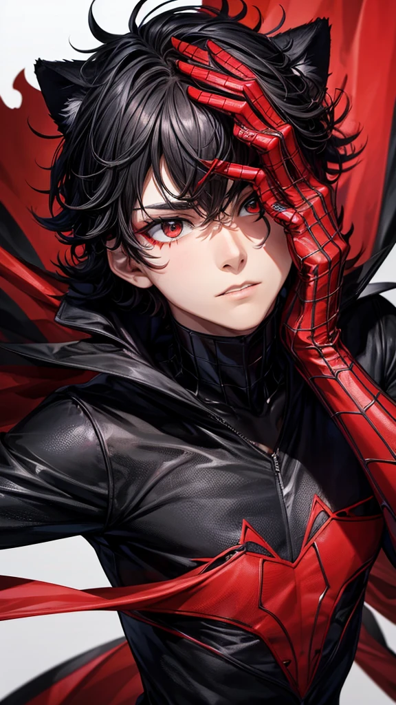  boy, black and red spiderman costume,except mascara ,black eyes,black fur