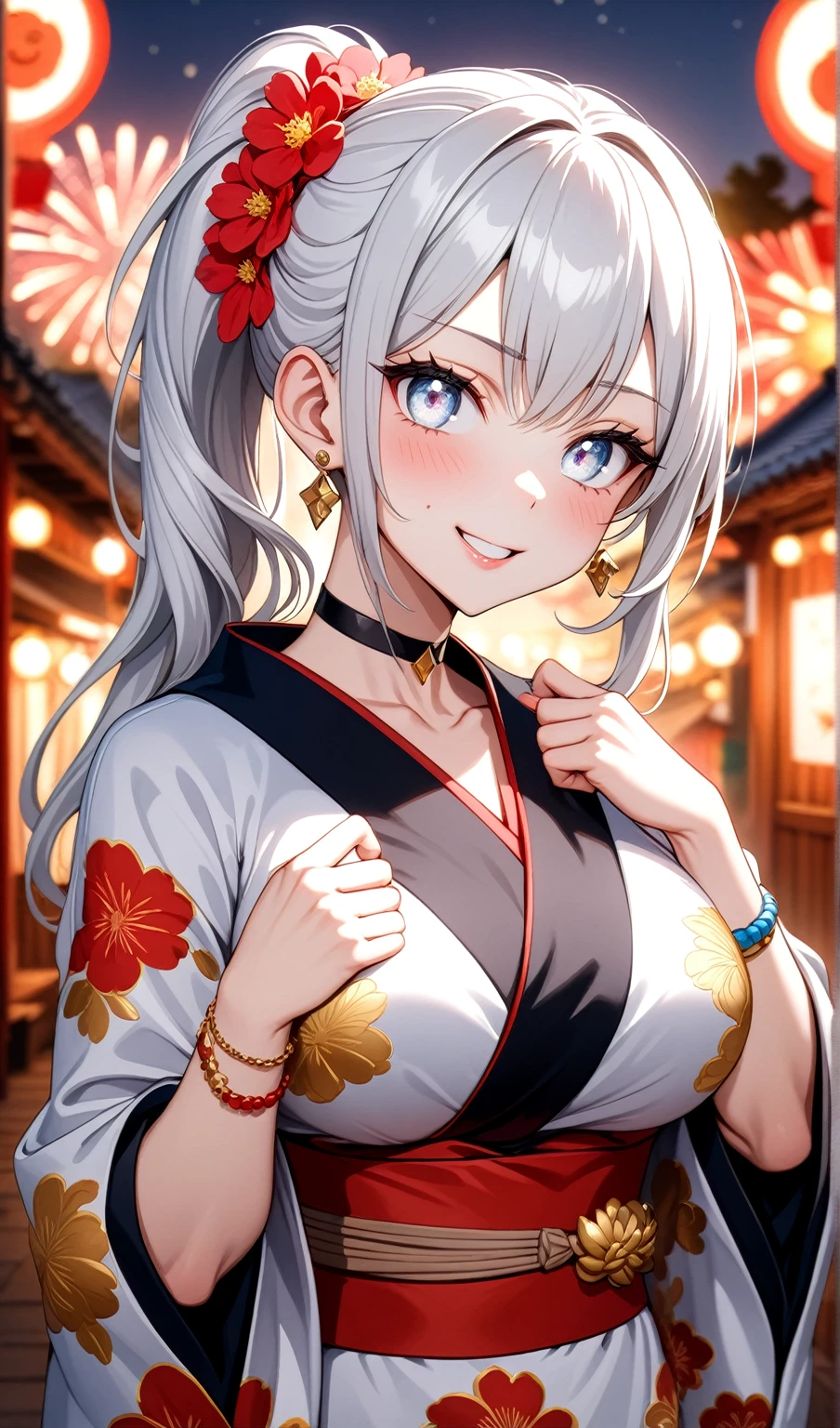 (One personの女性)), Beautiful Face, (Laughing embarrassedly), ((smirk)), ((Wink:1.8)), Laugh with your mouth wide open,((Bright red cheeks:1.4)),Shiny red lips, night,rooftop,Festivals, firework,Glossy pink lips,Facial lighting,((Anime style background)),masterpiece, Highest quality, so beautiful,up to date, Complex details, (4fingers and 1thumbs), (Pink long nails), (ring),(bracelet),(choker),AI-generated, Complex,High resolution, Highest quality, super high quality,3D Images、3D Images,One person,Long white hair in a side high ponytail,(blue eyes), ((Fine grain、Silvery white colorful eyes、Shining Eyes:1.43), (Squint your eyes:1.1), Anime woman posing for a photo, a hyperRealistic , hyperRealistic , Realistic,Anime woman with long white hair, Smooth anime CG art, A woman in a colorful kimono with gold embroidery, (Black long sleeve kimono), Red floral pattern,Long flower hair ornament,Earrings,Mature Body,(Big Breasts:1.1),Tall,Abdominal muscles,Narrow waist,(Zoom in on face:1.5), (front view),