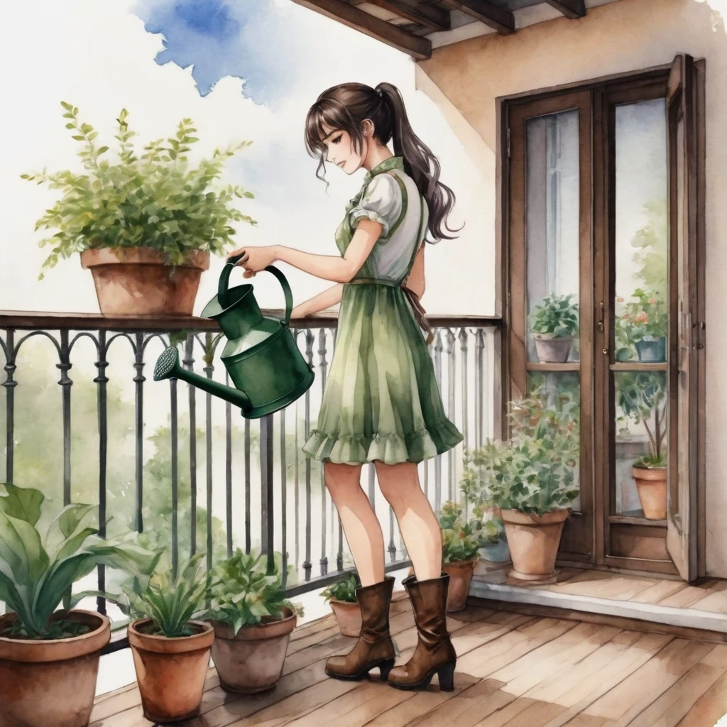 anime girl, Watercolor painting. Captured, a woman is seen watering several potted plants on a balcony. She is dressed in a short whitish green dress, adorned with short sleeves and a ruffled neckline. Her long, dark hair is neatly pulled back into a ponytail, and she is wearing high-heeled brown boots. Her right hand is raised, holding a watering can, while her left hand is positioned on the balcony railing. The balcony railing, dark brown in color, is punctuated by a series of wrought iron bars, adding a touch of elegance to the environment. The setting has wooden floors, giving the composition a rustic charm. soft light.