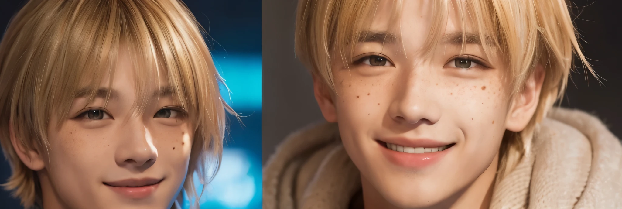 masterpiece,best quality,real,masterpiece,Felix_\(Stray Kids\), 1 boy ,(blonde hair,streaked hair:0.8),neon lamp,smile,(blunt bangs,hair between eyes:0.6,freckle)