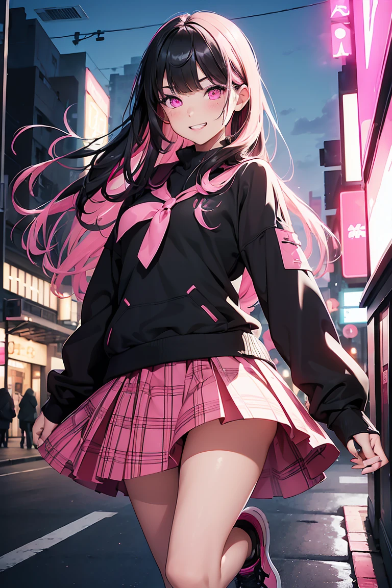 ((1 Girl)), Latest Trends in Clothing, Red Check Skirt, Black clothes ,pantyhose,(( Jump with both feet together)), Street fashion,Cowboy Shot,((Very detailed,Highest quality, High resolution, 8k wallpaper, Beautiful clothes,)),((Black Hair, Long Hair,Straight hair,Both sides up)), (teeth), Grinning face, eye shadow, eyeliner,Glowing Eyes, Very detailed目, Clear Eyes, Beautiful Eyes, ((Glowing pink eyes)), 15-year-old girl.