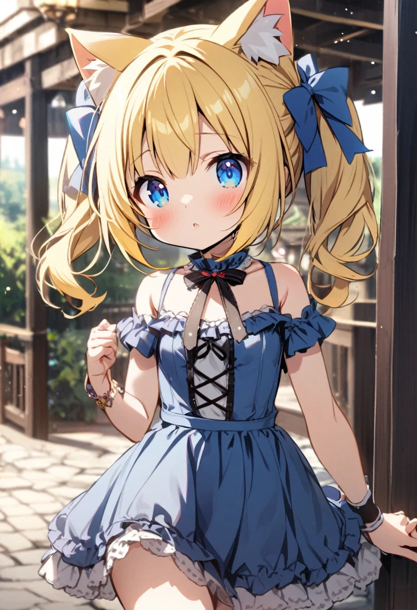 one girl, cute, yellow hair, blue eyes, cat ears, small,