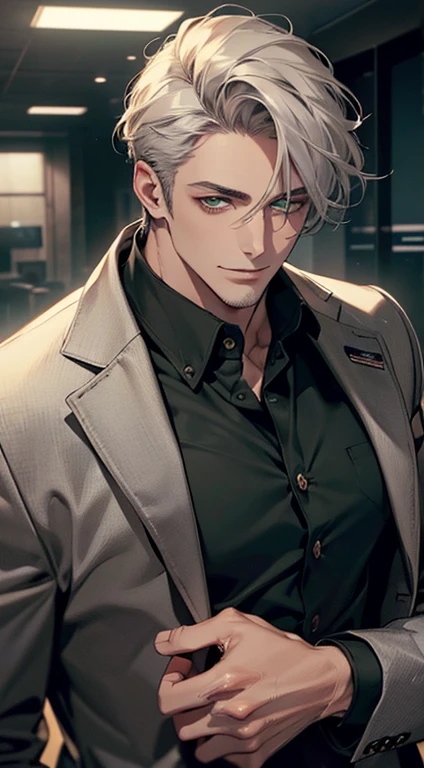 (best quality, masterpiece, 8K, photorealistic, cinematic lighting, hdr image, ultra detailed, beautiful image), a mature man, very handsome, smile, short grey hair, green eyes, perfect face without errors, ((buttoning the jacket, CEO))