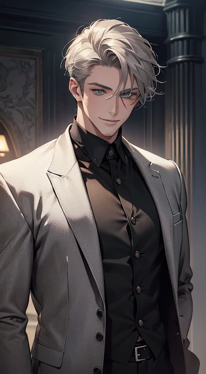 (best quality, masterpiece, 8K, photorealistic, cinematic lighting, hdr image, ultra detailed, beautiful image), a mature man, very handsome, smile, short grey hair, green eyes, perfect face without errors, ((buttoning the jacket, CEO))