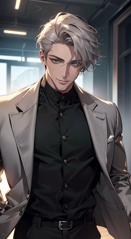 (best quality, masterpiece, 8K, photorealistic, cinematic lighting, hdr image, ultra detailed, beautiful image), a mature man, very handsome, smile, short grey hair, green eyes, perfect face without errors, ((buttoning the jacket, CEO))
