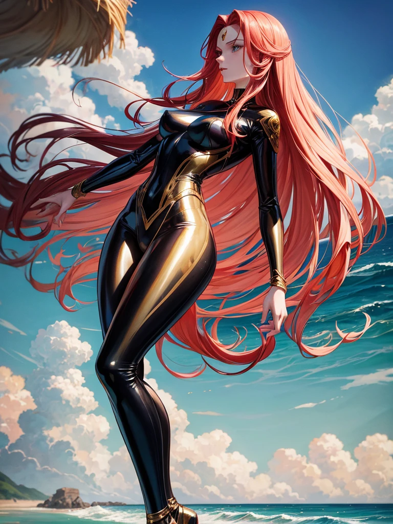 modernist style, A tall, slender woman with pale skin, long red hair, and a metallic silver and gold bodysuit standing on a beach with waves crashing in the background and a cloudy sky above, art  nouveau, soft colors