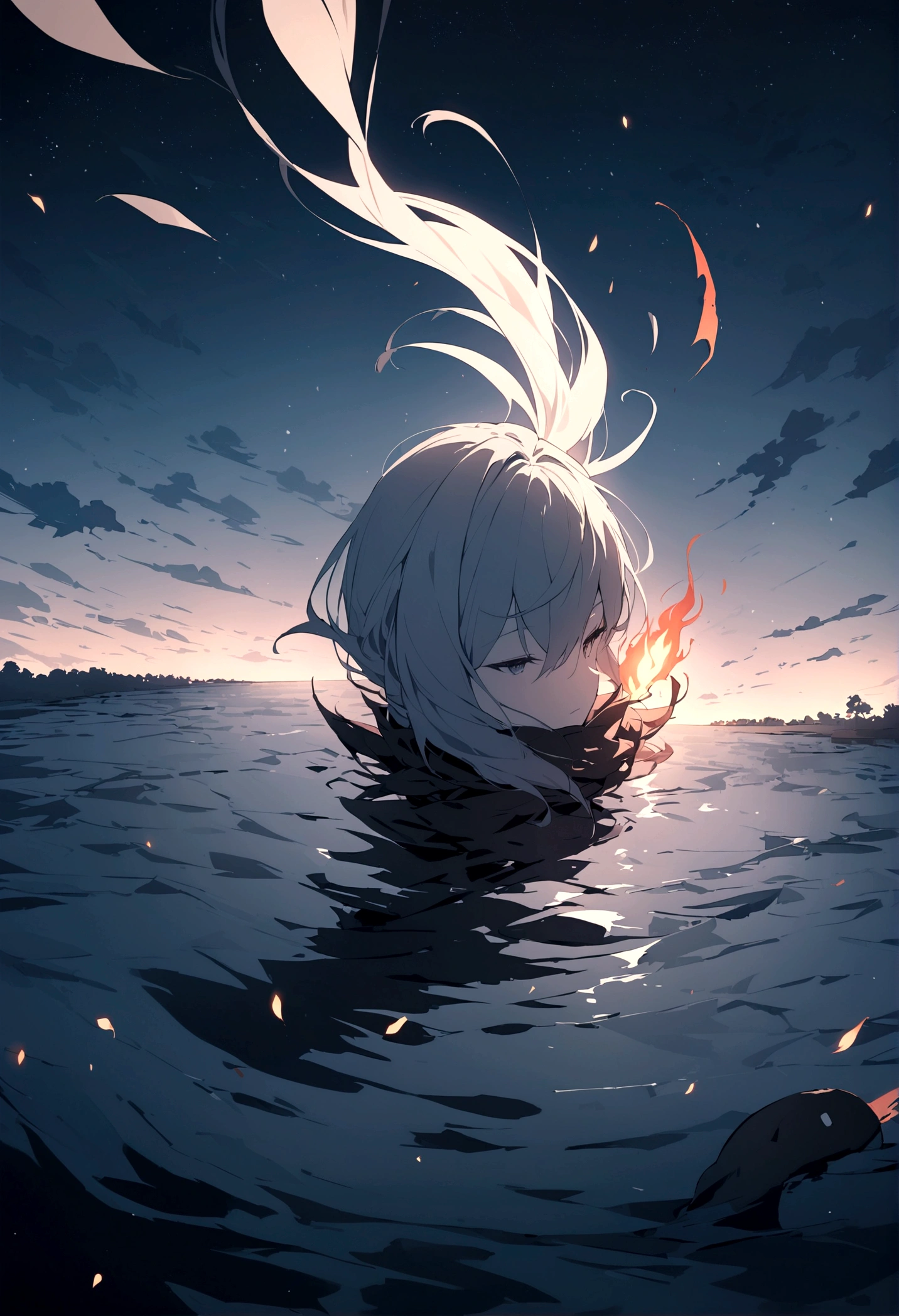 In the night sky, a man's severed head is flying across the surface of the river at an incredible speed.。Flames flicker around the severed head.。The severed head has a pale, blank look on its face.。Set the background to a tranquil rural landscape with a dark night sky。The wind is blowing、The wind is blowing