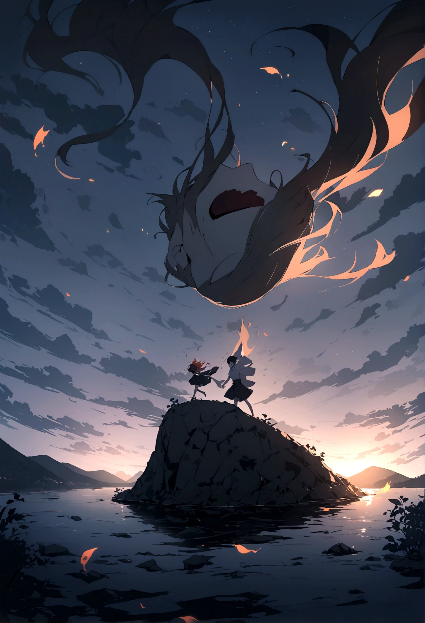 In the night sky, a man's severed head is flying across the surface of the river at an incredible speed.。Flames flicker around the severed head.。The severed head has a pale, blank look on its face.。Set the background to a tranquil rural landscape with a dark night sky。The wind is blowing、The wind is blowing