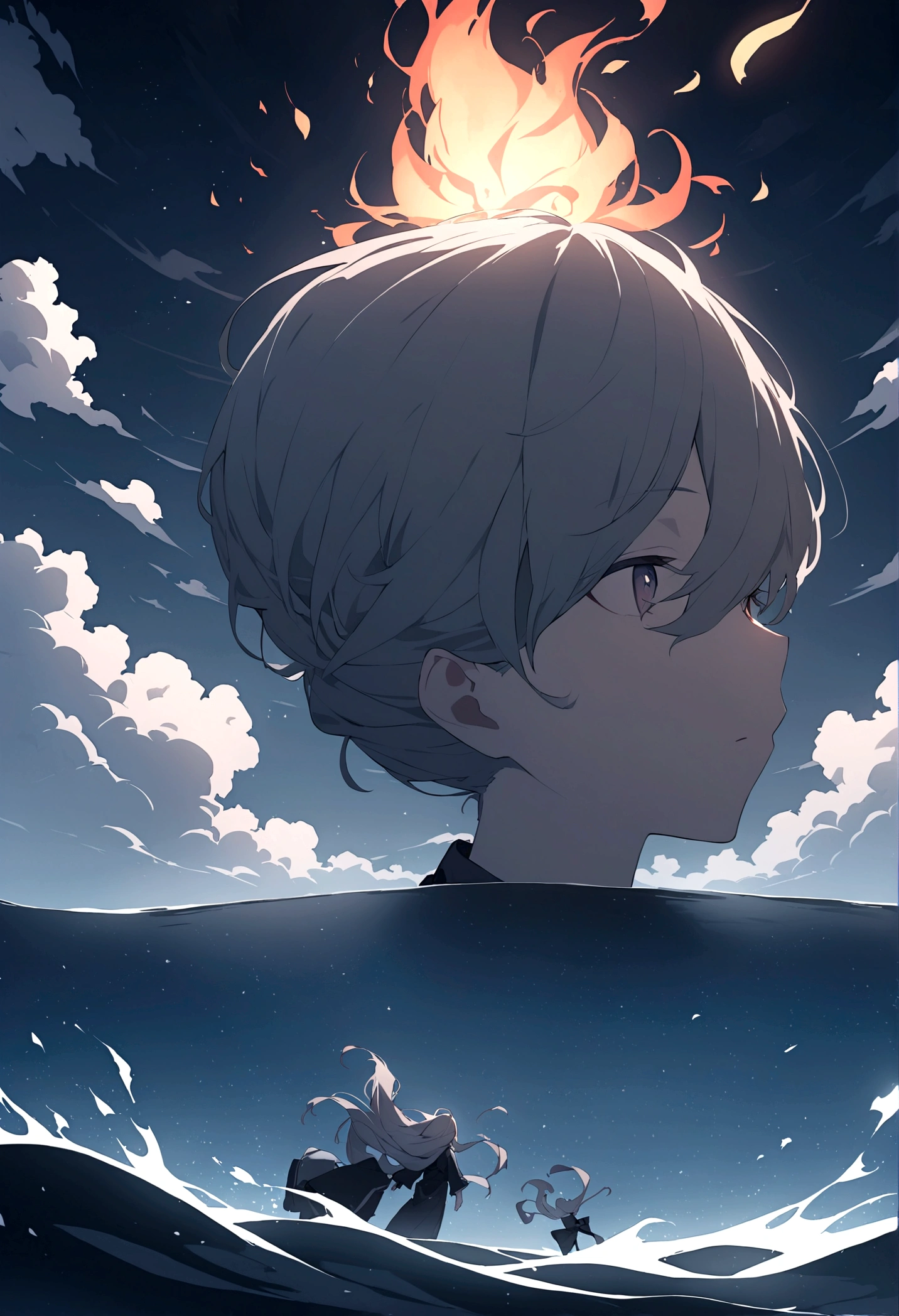 In the night sky, a man's severed head is flying across the surface of the river at an incredible speed.。Flames flicker around the severed head.。The severed head has a pale, blank look on its face.。Set the background to a tranquil rural landscape with a dark night sky。The wind is blowing、The wind is blowing