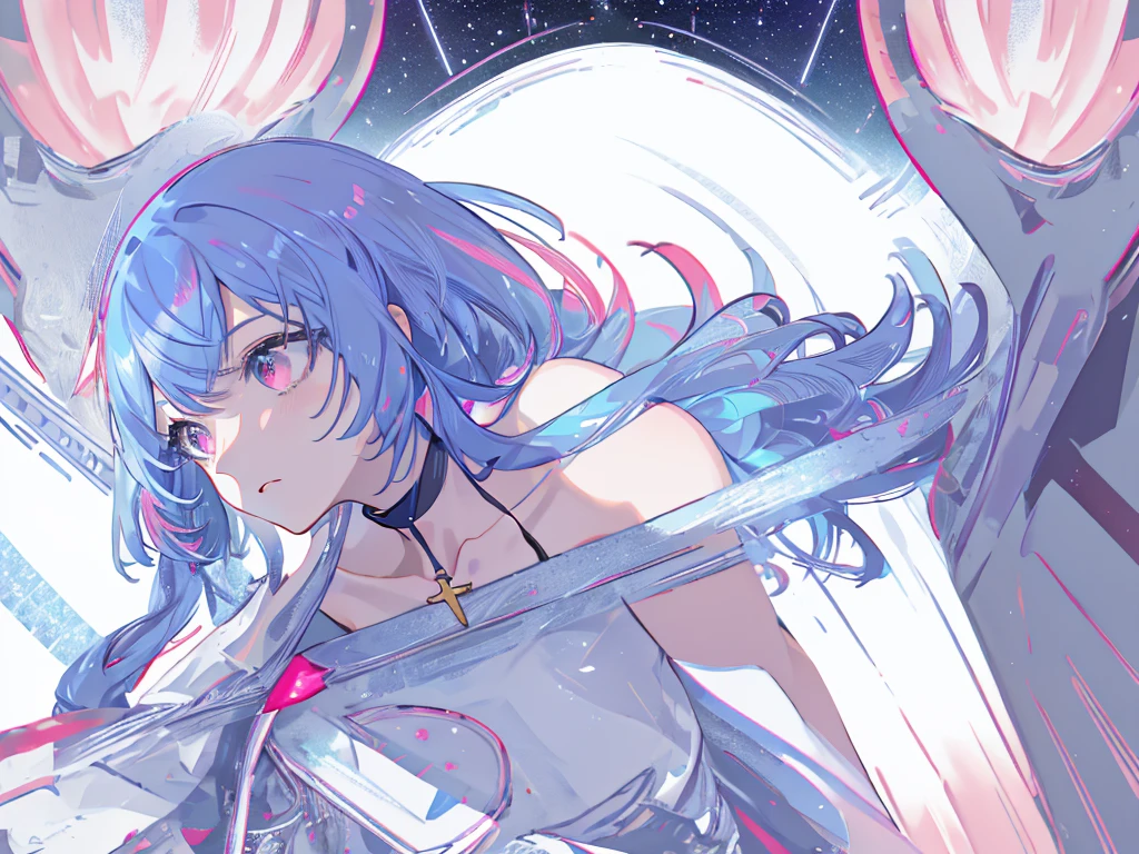 8k wallpaper,tmasterpiece,cinmatic lighting,top Quority,illustratio,Dramatic angles,((a color:1.1)),((Colored inner hair:1.4)),
1girll, solo, long blue hair, SakuraNS, Pink eyes, Cross necklace, parted lip, a white choker, liquid hair, Light blue hair, By bangs, By bangs, From the side Side, contours, The upper part of the body, blue hairs, simple backgound, pink back ground, exposed bare shoulders, sportrait, looking at viewert, white dresses, hairsbetweeneyes, colorfulhair, Galaxy Background, Nebula, 耳Nipple Ring,jewely, majestic space creature