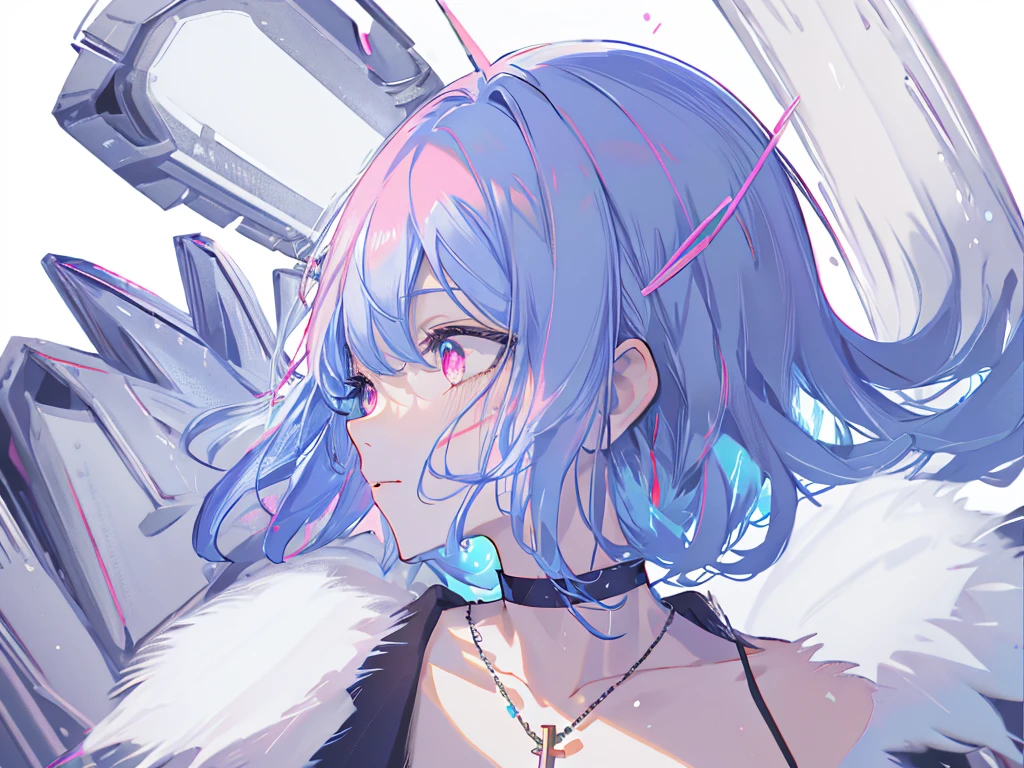 8k wallpaper，tmasterpiece，cinmatic lighting，top Quority，illustratio，Dramatic angles，（（a color：1.1）），（（Colored inner hair：1.4）），
1girll， solo， long blue hair， SakuraNS， Pink eyes， Cross necklace， parted lip， a white choker， liquid hair， Light blue hair， By bangs， By bangs， From the side Side， contours， The upper part of the body， blue hairs， simple backgound， pink back ground， exposed bare shoulders， sportrait， looking at viewert， white dresses， hairsbetweeneyes， colorfulhair， Galaxy Background, Nebula, 耳Nipple Ring，jewely, majestic space creature