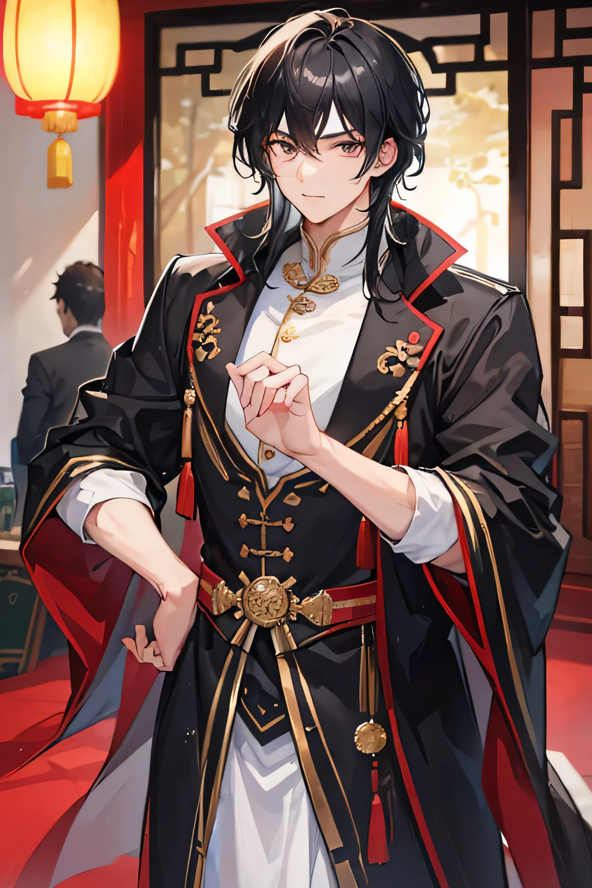 Black hair,handsome guy,185cm,Chinese men's clothing,short hair,Warm light,Sword in hand,Golden Eyes,City background,Warm smile,Yin and Yang Bagua Array