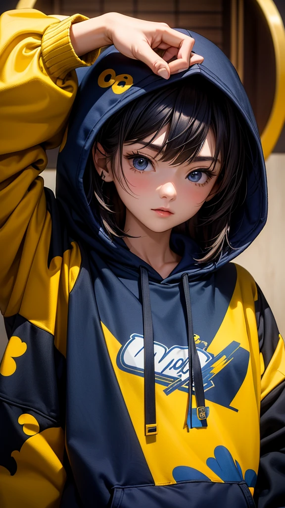 (masterpiece, highest quality, highest resolution, distinct_image, detailed details) A beautiful japanese woman, 20 yo, wearing oversized hoodie combination of dark blue and yellow, hoodie design 