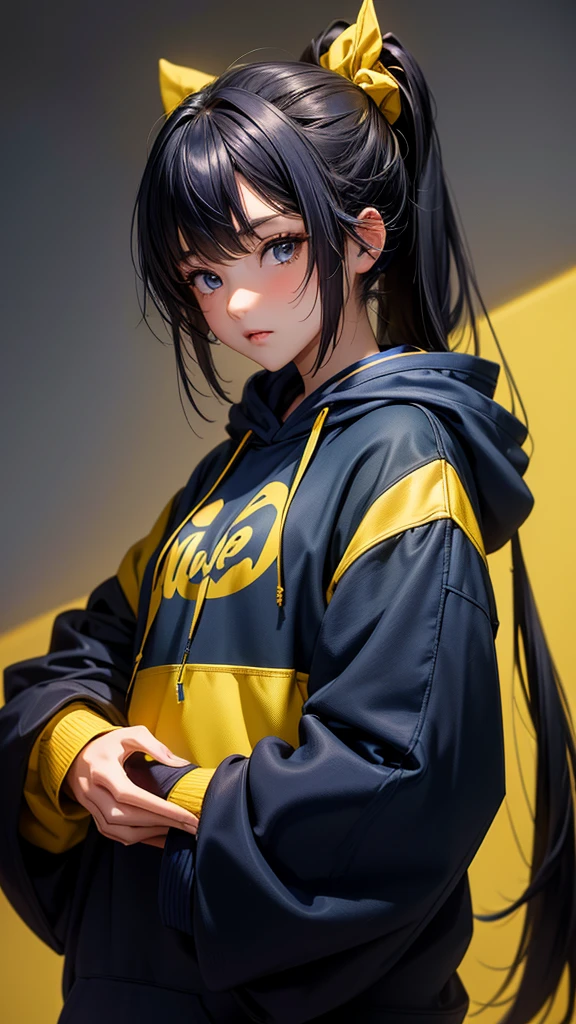 (masterpiece, highest quality, highest resolution, distinct_image, detailed details) A beautiful japanese woman, 20 yo, wearing oversized hoodie combination of dark blue and yellow, hoodie design 