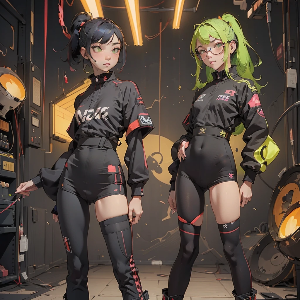 Black workwear jumpsuit、Costume with glowing yellow-green linesを着た女性, cyber punk, Hard Rock Metal, Mosh Pit, (Highest quality,4K,8K,High resolution,masterpiece:1.2),Live Stage、Costume with glowing yellow-green lines、Large sunglasses,Punkish hairstyle、Full body portrait
