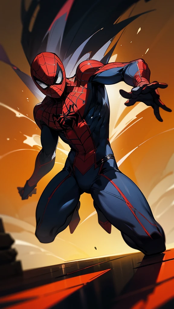 a 16 year old boy, red and black spiderman suit, no mask, black eyes, black hair, detailed facial features, detailed costume, dynamic pose, action scene, cinematic lighting, vibrant colors, dark shadows, hyper realistic, 8k, ultra detailed, masterpiece
