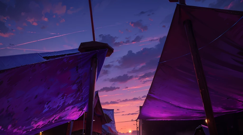 (under tarp canopy, wooden pole, under the market tents, under the canopies), wire, buildings roofs farr away, low angle, dawn sky, daybreak, light from the left, 