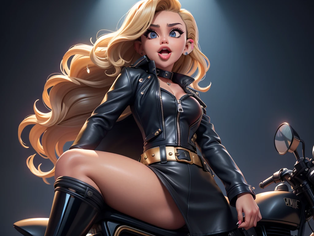 obra prima, melhor qualidade, ((miley cyrus, tan skin, wavy bob hair, open mouth, sticking tongue out side of mouth,)) head back, (sassy wicked sultry sneer, big teeth smile,) open mouth, pucker mouth, sunglasses, ((thick smoky black eye shadow, long fake eyelashes, sticking tongue out,)) (cerulean blue leather jacket with puff shoulder,) biker jacket has stiff collar, leather blouse, (magenta leather sweater dress, metallic leather sun dress, leather culottes,) ((gold blazer length leather coat,)) (periwinkle pvc skirt, pockets, unzipped front,) studs zippers snaps, shiny leather gloves, nip slip, body is skinny, laying down hugging each other on sofa, shiny tight buttocks, arched back, mashing breasts, ((passionate kissing, pelvis grinding,)) camera view of whole body, looking up at me, shallow depth of field, highres, HD, 8k, anatomically correct