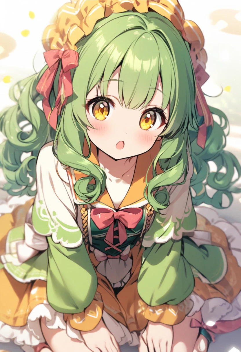 one girl, cute, green hair, yellow eyes, curly hair, small,
