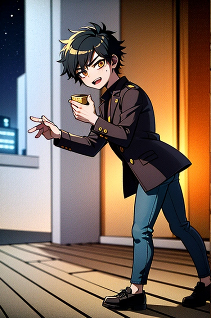 ((illustration)), (best quality)), ((masterpiece)), (detailed), ((night)), ager, solo, 1boy, male focus, black trench coat, short hair, black hair, spiky hair, jeans, rubber shoes, cityscape, lineart, thick lines, itadori, itadori_yuuji, hair bangs, muscular, turtleneck