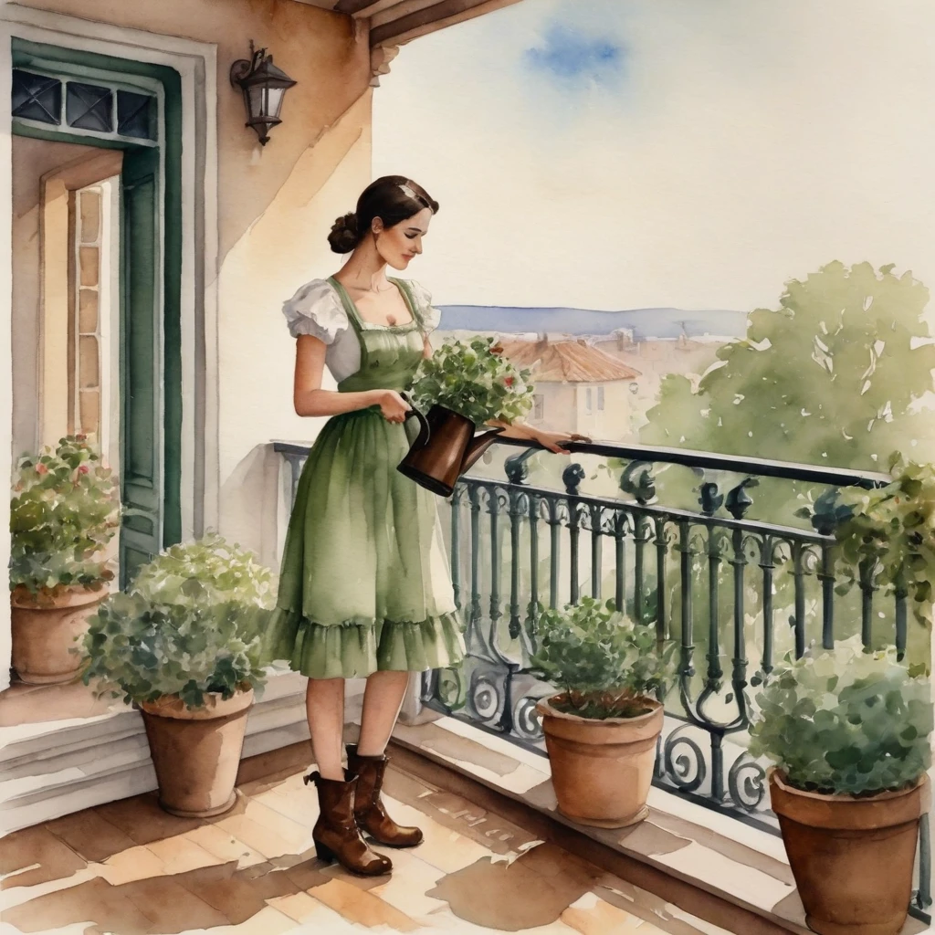 Watercolor painting. Captured, a woman is seen watering several potted plants on a balcony. She is dressed in a short whitish green dress, adorned with short sleeves and a ruffled neckline. Her long, dark hair is neatly pulled back into a ponytail, and she is wearing high-heeled brown boots. Her right hand is raised, holding a watering can, while her left hand is positioned on the balcony railing. The balcony railing, dark brown in color, is punctuated by a series of wrought iron bars, adding a touch of elegance to the environment. The setting has wooden floors, giving the composition a rustic charm. soft light.