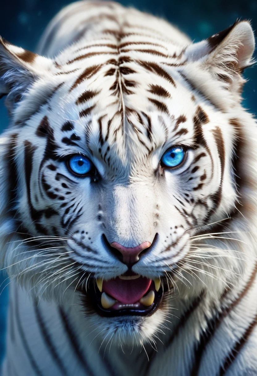 "(The best quality at its best,High resolution),Actual,White Tiger,Striking blue eyes,Striped,A powerful gesture,Facial expressions are fierce,Majestic,Beautiful movement,violent,Predator,beautiful,Artist Rendering,Kilo,Hyper HD,Bright colors,Delicate fur,Studio Lighting,in contrast,Light and shadow"