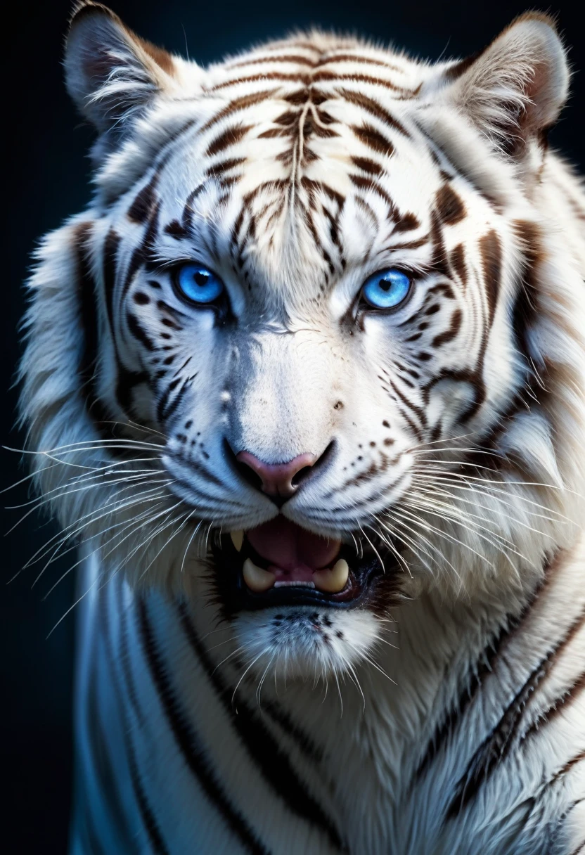 "(The best quality at its best,High resolution),Actual,White Tiger,Striking blue eyes,Striped,A powerful gesture,Facial expressions are fierce,Majestic,Beautiful movement,violent,Predator,beautiful,Artist Rendering,Kilo,Hyper HD,Bright colors,Delicate fur,Studio Lighting,in contrast,Light and shadow"