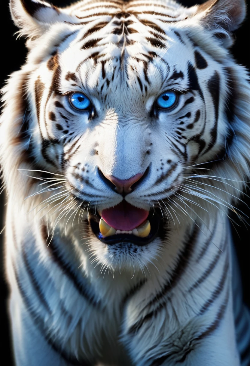 "(The best quality at its best,High resolution),Actual,White Tiger,Striking blue eyes,Striped,A powerful gesture,Facial expressions are fierce,Majestic,Beautiful movement,violent,Predator,beautiful,Artist Rendering,Kilo,Hyper HD,Bright colors,Delicate fur,Studio Lighting,in contrast,Light and shadow"