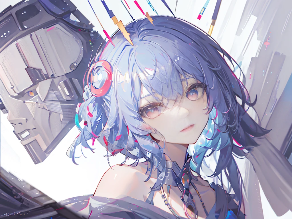 8k wallpaper，tmasterpiece，cinmatic lighting，top Quority，illustratio，Dramatic angles，（（a color：1.1）），（（Colored inner hair：1.4）），
1girll， solo， long blue hair， SakuraNS， Pink eyes， Cross necklace， parted lip， a white choker， liquid hair， Light blue hair， By bangs， By bangs， From the side Side， contours， The upper part of the body， blue hairs， simple backgound， pink back ground， exposed bare shoulders， sportrait， looking at viewert， white dresses， hairsbetweeneyes， colorfulhair， Galaxy Background, Nebula, 耳Nipple Ring，jewely, majestic space creature