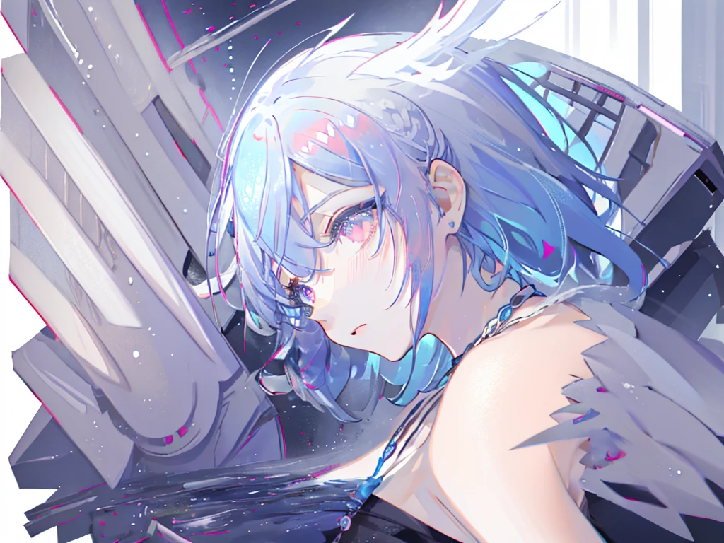 8k wallpaper，tmasterpiece，cinmatic lighting，top Quority，illustratio，Dramatic angles，（（a color：1.1）），（（Colored inner hair：1.4）），
1girll， solo， long blue hair， SakuraNS， Pink eyes， Cross necklace， parted lip， a white choker， liquid hair， Light blue hair， By bangs， By bangs， From the side Side， contours， The upper part of the body， blue hairs， simple backgound， pink back ground， exposed bare shoulders， sportrait， looking at viewert， white dresses， hairsbetweeneyes， colorfulhair， Galaxy Background, Nebula, 耳Nipple Ring，jewely, majestic space creature