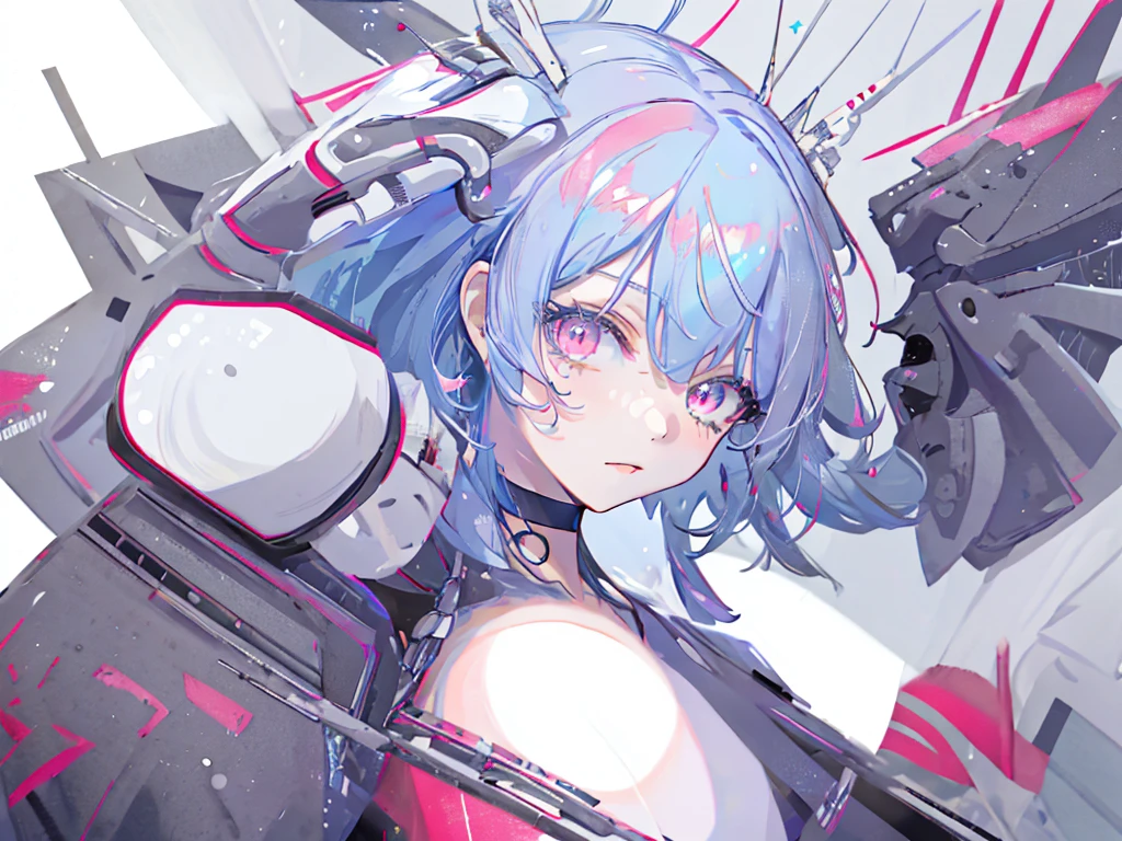 8k wallpaper,tmasterpiece,cinmatic lighting,top Quority,illustratio,Dramatic angles,((a color:1.1)),((Colored inner hair:1.4)),
1girll, solo, long blue hair, SakuraNS, Pink eyes, Cross necklace, parted lip, a white choker, liquid hair, Light blue hair, By bangs, By bangs, From the side Side, contours, The upper part of the body, blue hairs, simple backgound, pink back ground, exposed bare shoulders, sportrait, looking at viewert, white dresses, hairsbetweeneyes, colorfulhair, Galaxy Background, Nebula, 耳Nipple Ring,jewely, majestic space creature