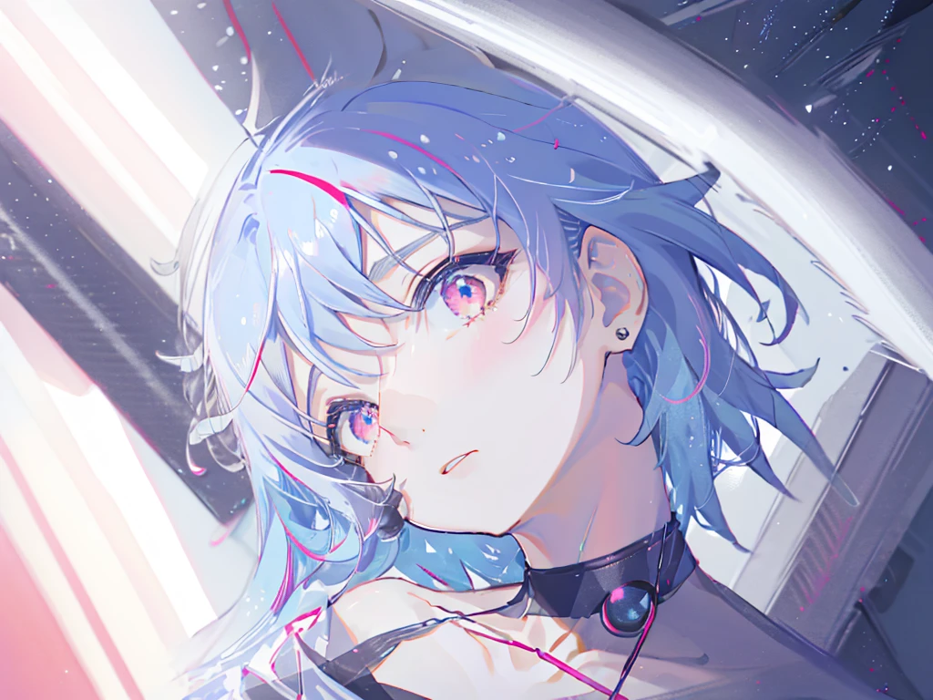 8k wallpaper,tmasterpiece,cinmatic lighting,top Quority,illustratio,Dramatic angles,((a color:1.1)),((Colored inner hair:1.4)),
1girll, solo, long blue hair, SakuraNS, Pink eyes, Cross necklace, parted lip, a white choker, liquid hair, Light blue hair, By bangs, By bangs, From the side Side, contours, The upper part of the body, blue hairs, simple backgound, pink back ground, exposed bare shoulders, sportrait, looking at viewert, white dresses, hairsbetweeneyes, colorfulhair, Galaxy Background, Nebula, 耳Nipple Ring,jewely, majestic space creature