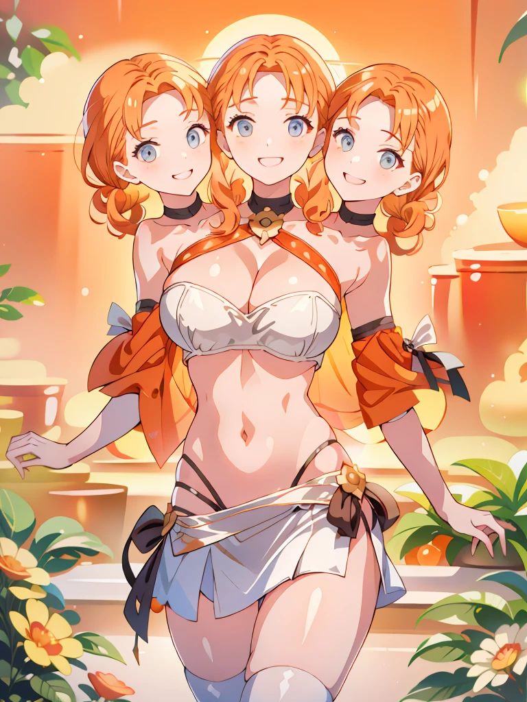 (masterpiece, best quality), best resolution, (3heads:1.5), 1girl, orange hair, long flowing hair, smiling, open belly, white-orange crop top, white miniskirt, open breasts, huge tits, curls,
