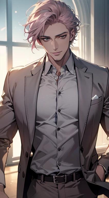 (best quality, masterpiece, 8K, photorealistic, cinematic lighting, hdr image, ultra detailed, beautiful image), a mature man, very handsome, smile, short grey pink hair, green eyes, perfect face without errors, ((buttoning the jacket, CEO))