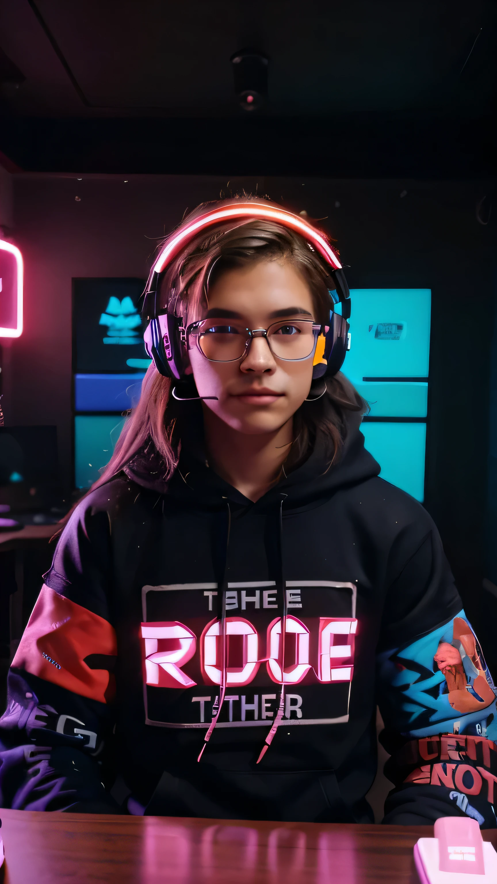a rich american streamer with a table on the front with a full customized streaming room background and an amazing colorful led lights walls with different colors and wearing a cool headset and a hoodie that matches the room looking straight to the camera an wearing a cool futuristing eyeglasses with the hoodie hat on and a hands on the table