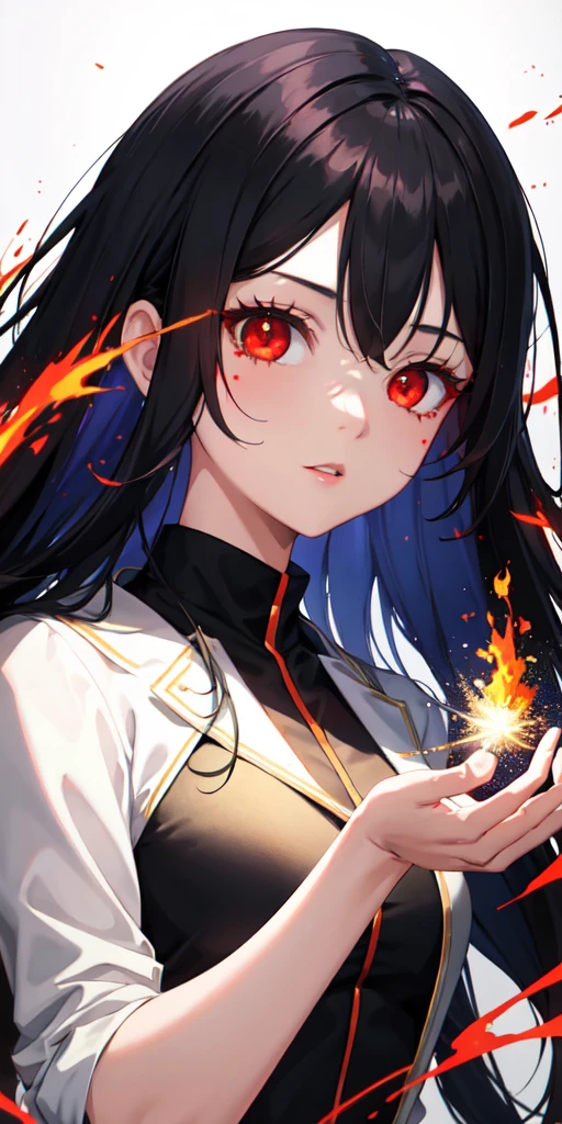 1girl, black hair, red eyes, fire witch, blood, light particles, light rays, wallpaper, high contrast, colorful,