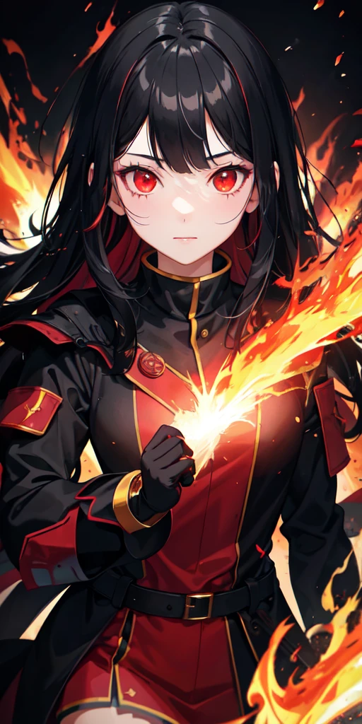 1girl, black hair, red eyes, fire witch, blood, light particles, light rays, wallpaper, high contrast, colorful,